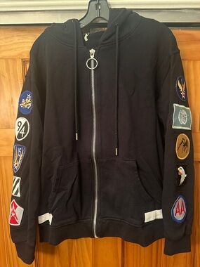 Off-White Black Zip-Up Hoodie with Patch Sleeves